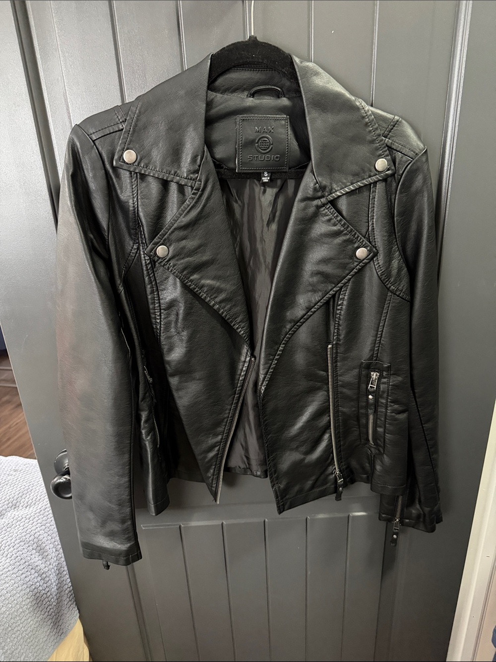 Max Studio Black Faux Leather Moto Jacket with Zip Details
